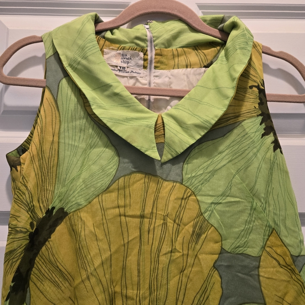 Vintage Drop Waist Dress M Green Print Floral Collared Sleeveless Belt Tunic - Picture 4 of 9
